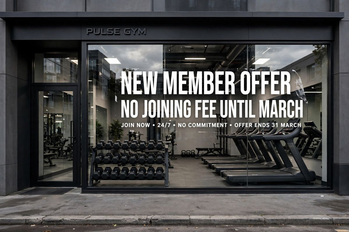 A gym storefront window carrying a white vinyl decal advertising a membership offer in white lettering, with dumbbell racks and treadmills visible through the glass