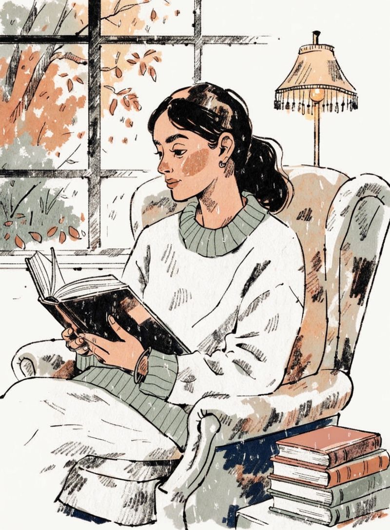 Editorial illustration of a young reader in a cream sweater curled up in a warm overstuffed reading chair by a large window, engrossed in a thick hardcover novel, a stack of unopened books on the floor beside the chair, autumn leaves outside the window