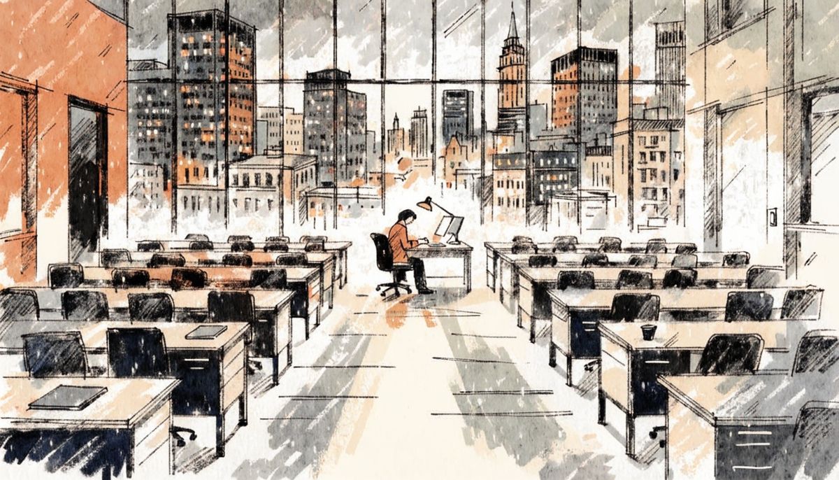 Editorial magazine illustration of a vast open-plan office at dusk with rows of empty desks and a single person still working at a distant desk under a warm task lamp, city lights visible through floor-to-ceiling windows behind