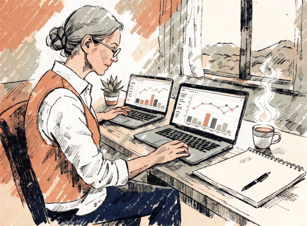 Editorial illustration of a calm remote worker with grey hair in a low bun at a spacious walnut desk with two laptops open showing dashboards, a large paper sketch pad and pen, a ceramic mug of steaming coffee, a low potted succulent, natural morning light through a large window