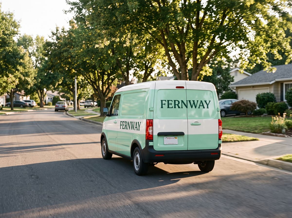 A mint green delivery van with a white roof driving away down a tree-lined suburban street, its rear doors carrying the FERNWAY wordmark and no fern leaf