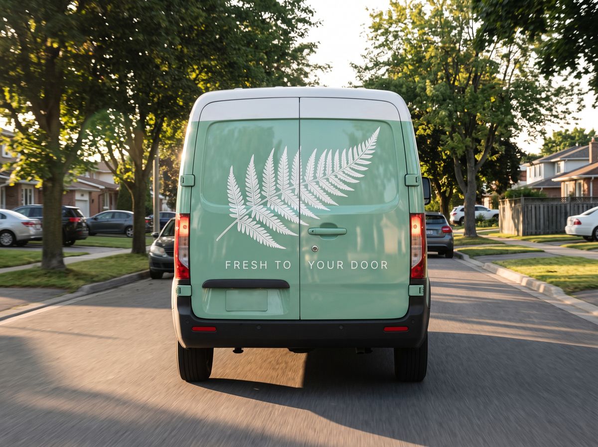 The same mint green delivery van driving away down a tree-lined suburban street, its rear doors showing the large white fern leaf and FRESH TO YOUR DOOR