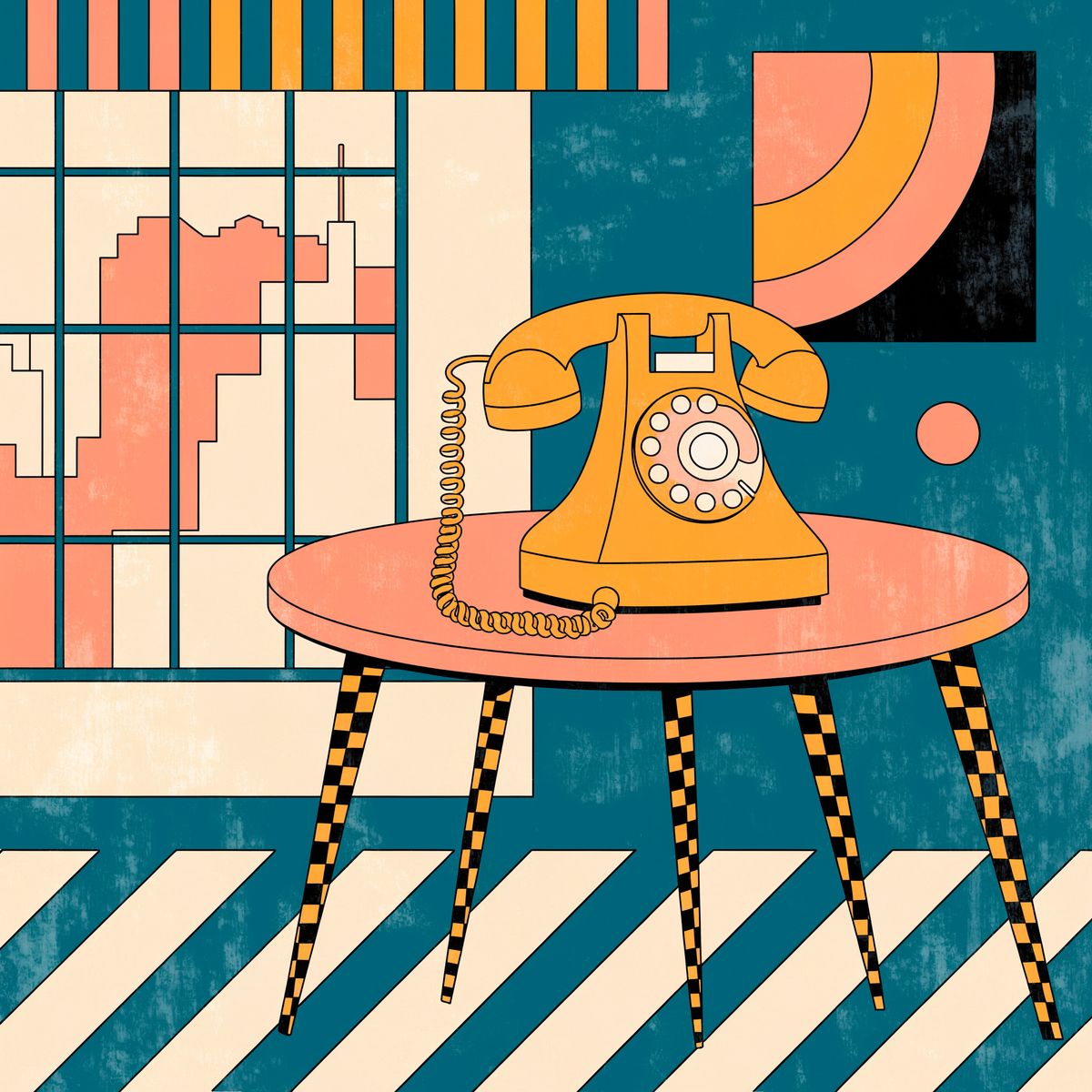 Flat vector illustration of a single vintage rotary telephone in mustard yellow at a three-quarter angle sitting on a warm walnut side table against a cream background