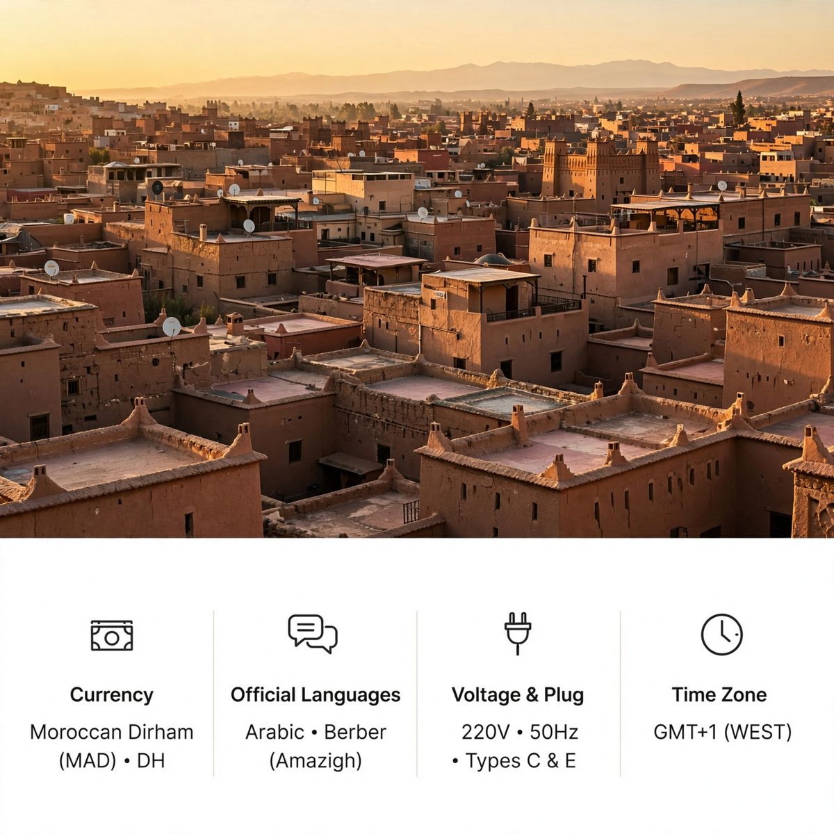 A square travel card with a golden-hour photograph of a medina above a white strip listing a currency, languages, a voltage and socket type, and a time zone