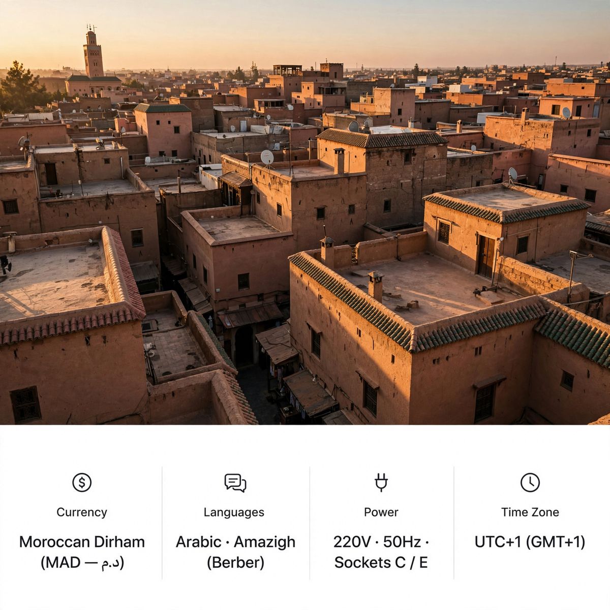 A square travel card with a golden-hour photograph of a medina above a white strip listing the Moroccan dirham, Arabic and Amazigh, 220 volts with a Type C socket, and the time zone