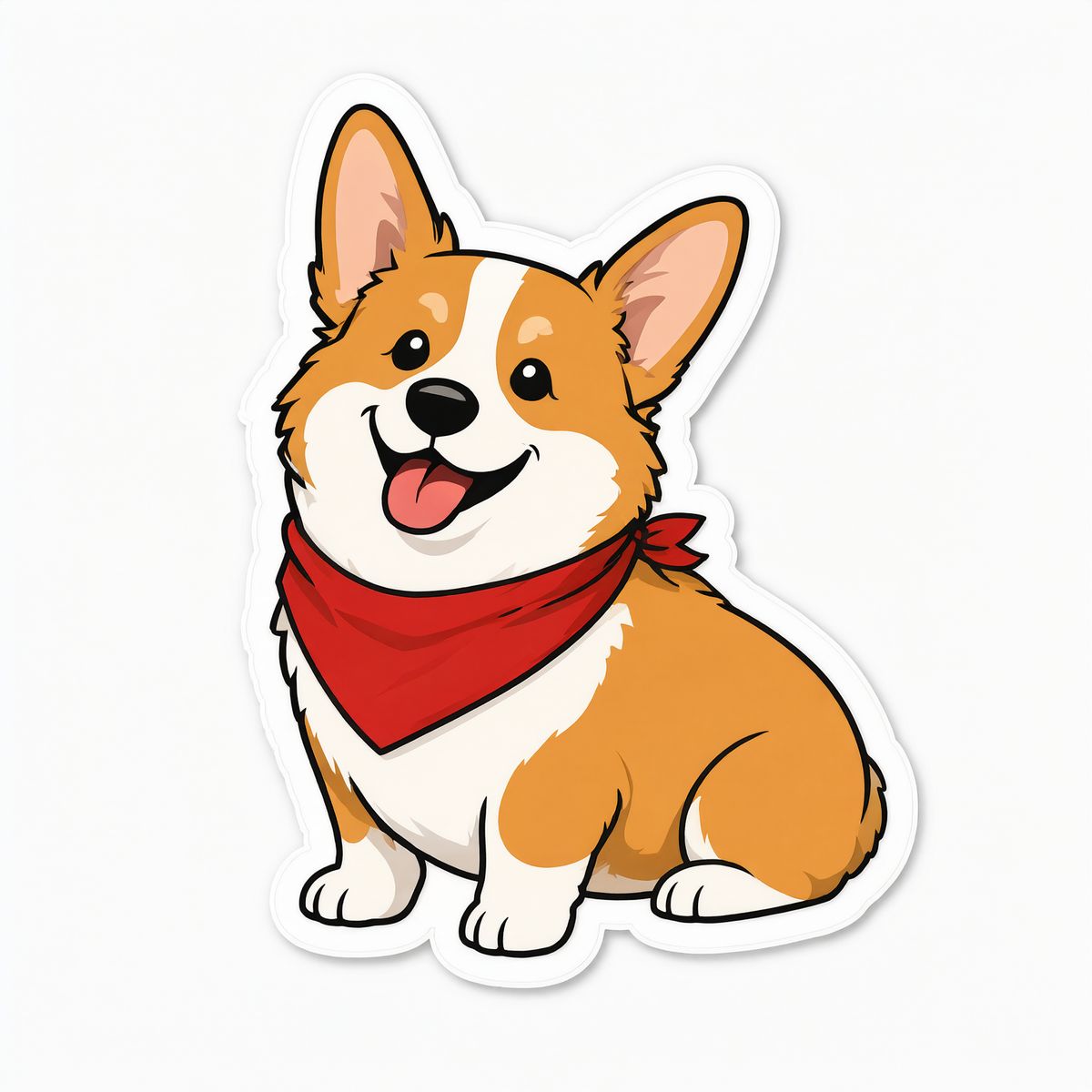 A sticker-style corgi in a red bandana with a white die-cut border on a plain white backdrop