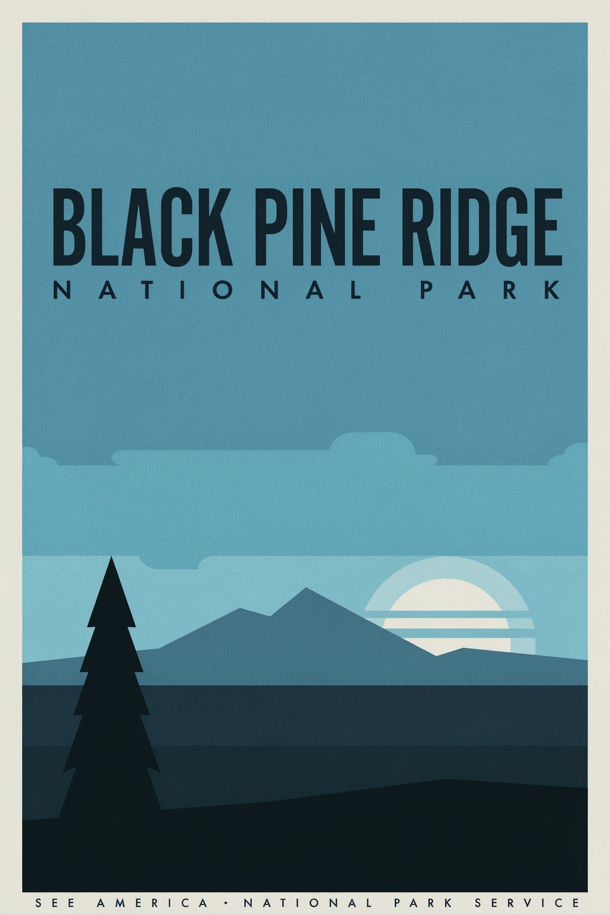 The same Black Pine Ridge National Park travel poster in a cool palette of teal, powder blue, navy, and pale grey-cream, with the mountain ridge under a pre-dawn sky