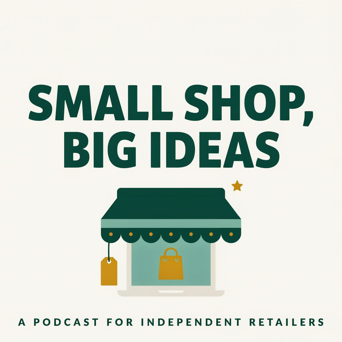 The same podcast cover in deep green, sage, off-white and brass, with the title on two lines