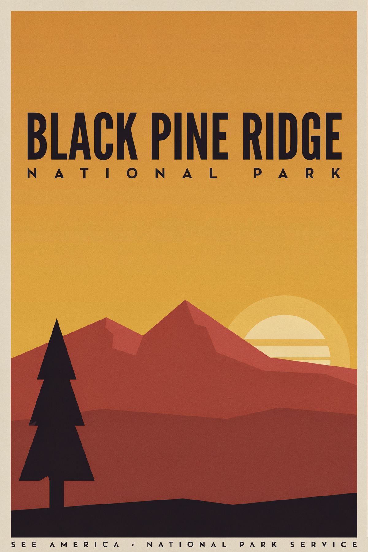 A WPA-style national-park travel poster for Black Pine Ridge National Park, with a craggy mountain ridge silhouette, a lone pine in the foreground, and a setting sun on the horizon, under a warm sunset sky, in terracotta, peach, deep brown, and cream