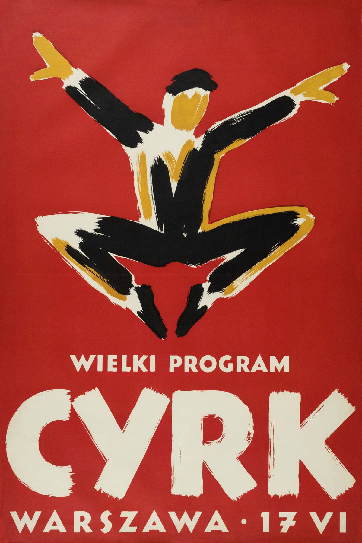 A 1960s Polish circus poster with a stylized acrobat mid-leap in flat gouache shapes, against a saturated red background, with 'CYRK' in massive cream capitals along the bottom