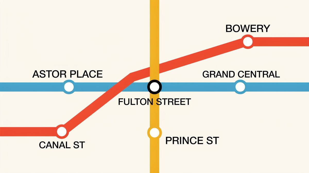 A modernist subway map fragment with three colored route lines crossing at a single transfer station labelled FULTON STREET, and five other stations on the three lines labelled ASTOR PLACE, GRAND CENTRAL, PRINCE ST, CANAL ST, and BOWERY in Helvetica capitals