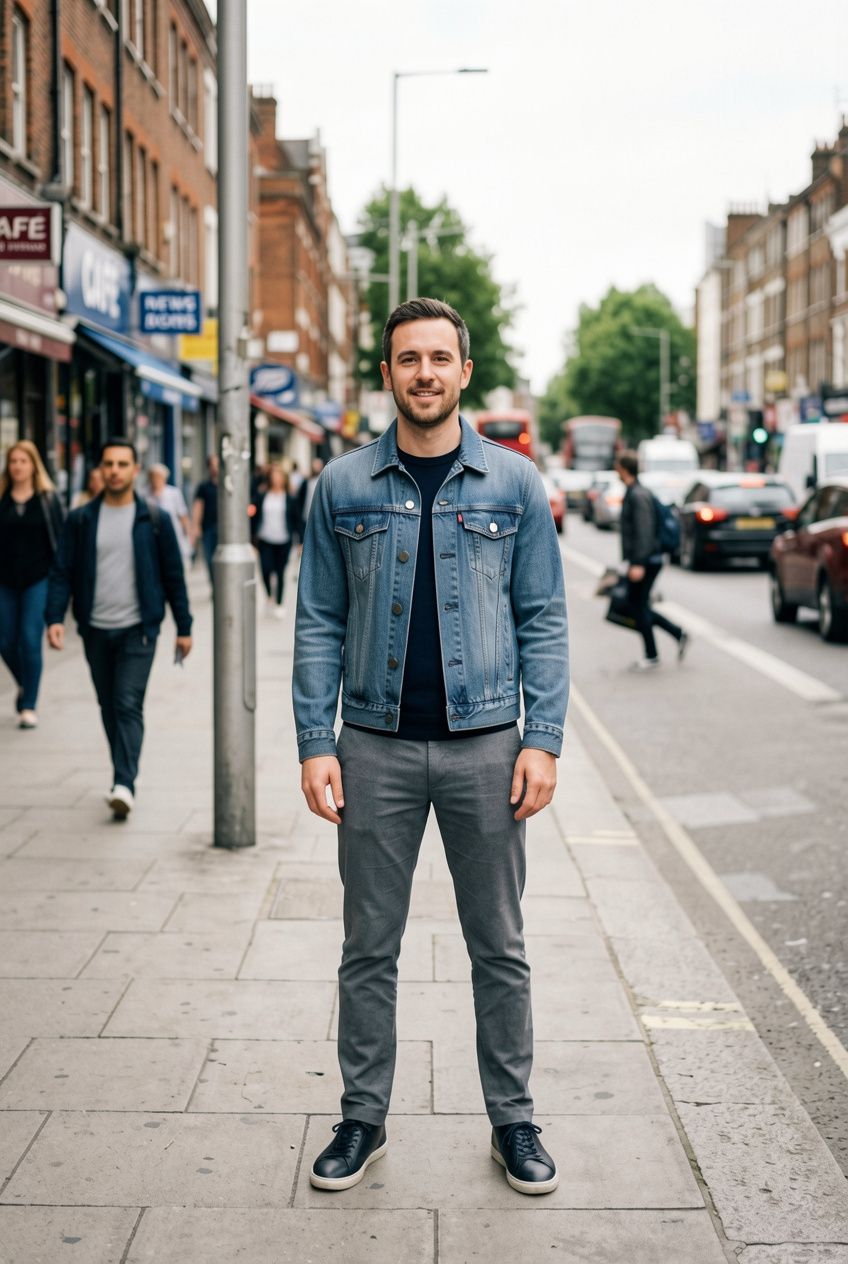A man on a city sidewalk wearing a blue denim jacket