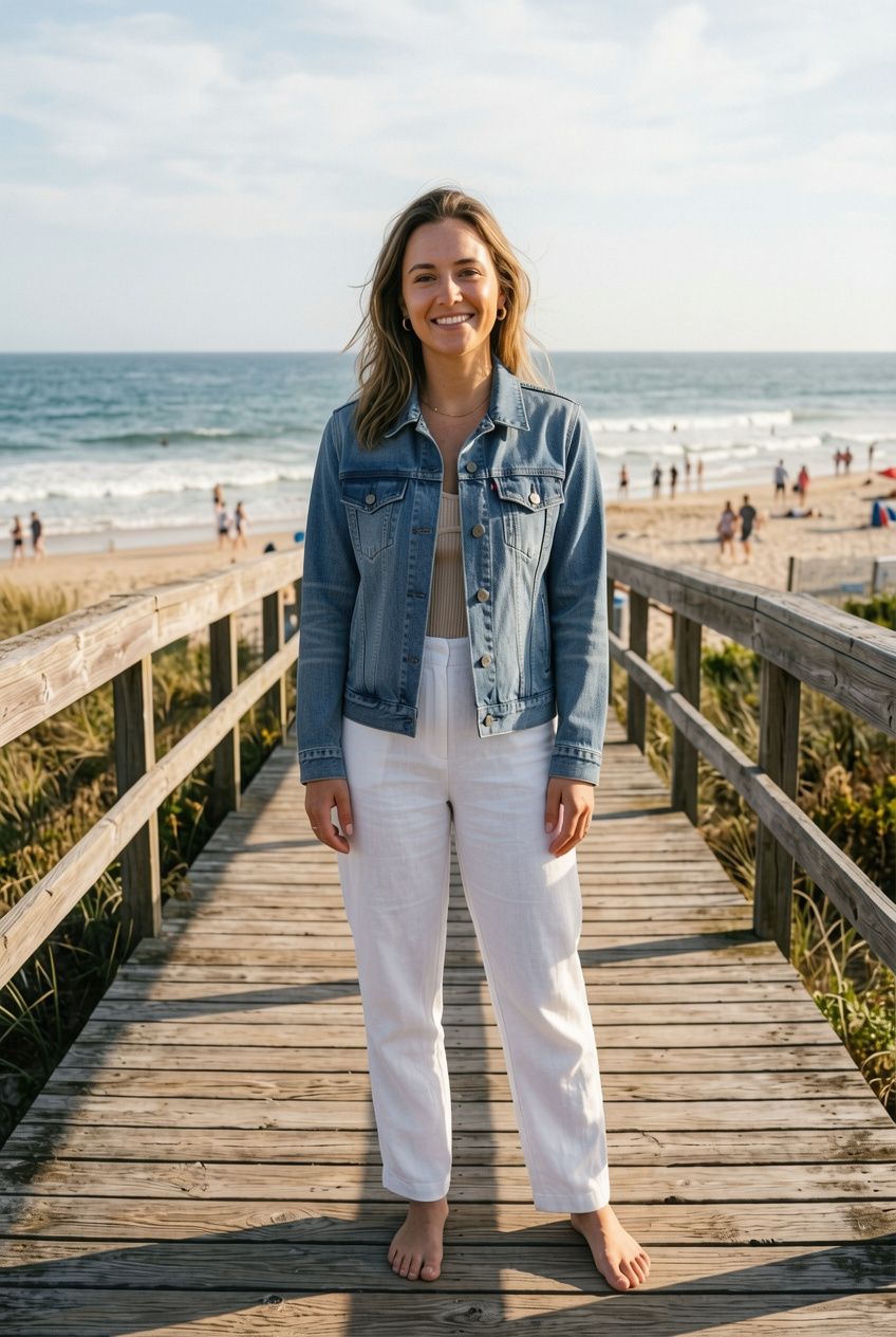 A woman on a beach boardwalk wearing the same blue denim jacket