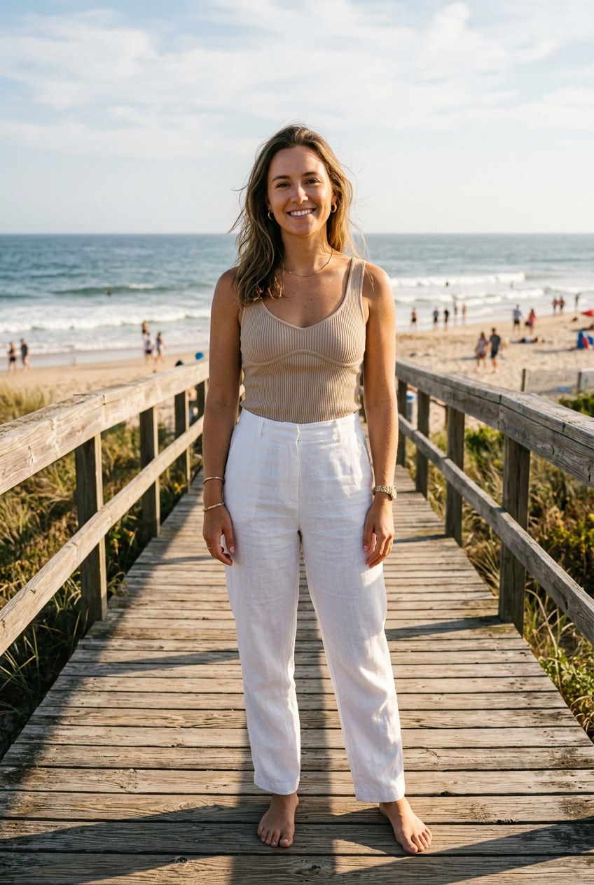 A woman standing on a wooden beach boardwalk wearing a beige tank top and white linen pants