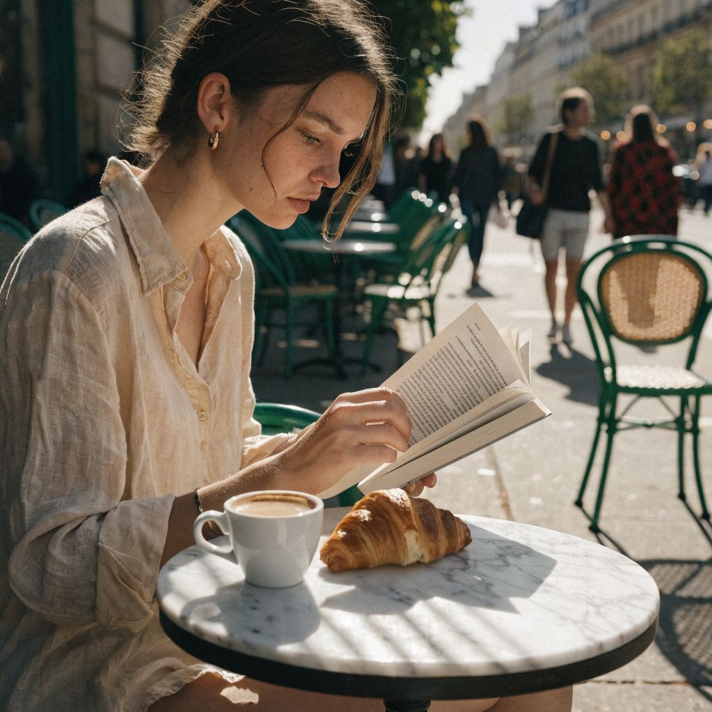 A woman reading a book at a sunlit cafe table with an espresso and croissant