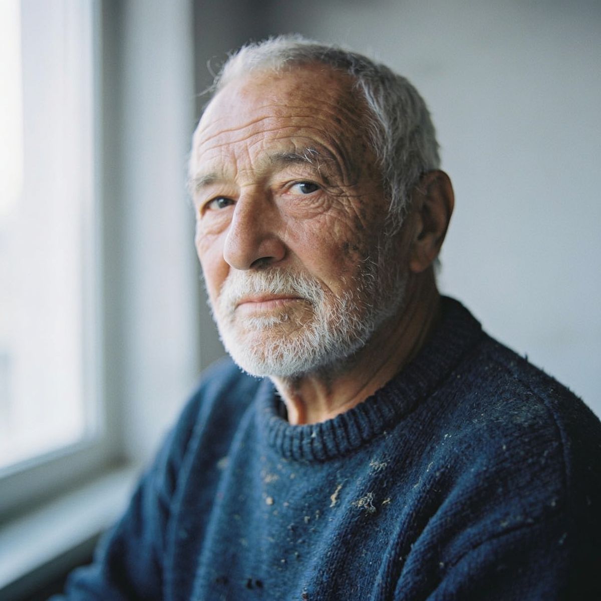 A studio portrait of an older fisherman in a navy wool sweater in soft side light