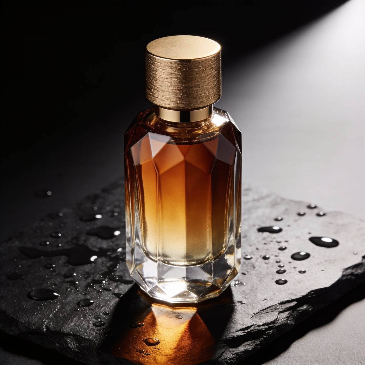 An amber perfume bottle with a gold cap on wet black slate with a reflection