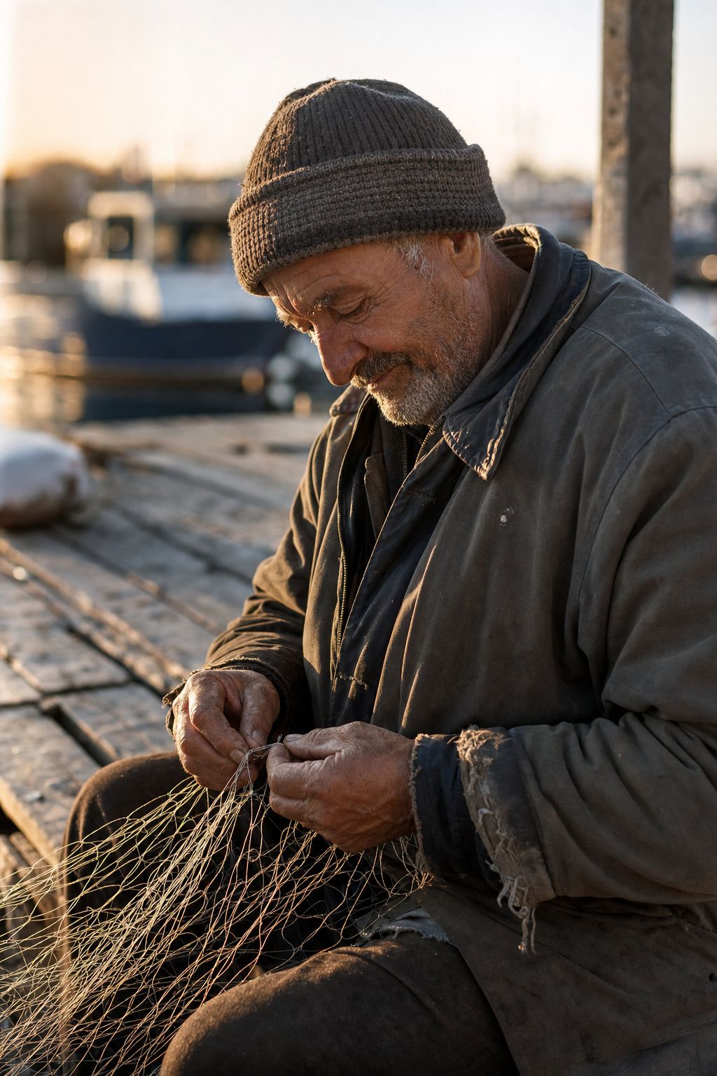 A candid photograph of an elderly fisherman mending a net on a dock at dawn, with weathered hands, stubble, and a worn canvas jacket