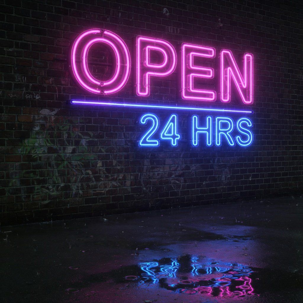 A neon sign reading OPEN 24 HRS glowing in pink and blue on a dark brick wall