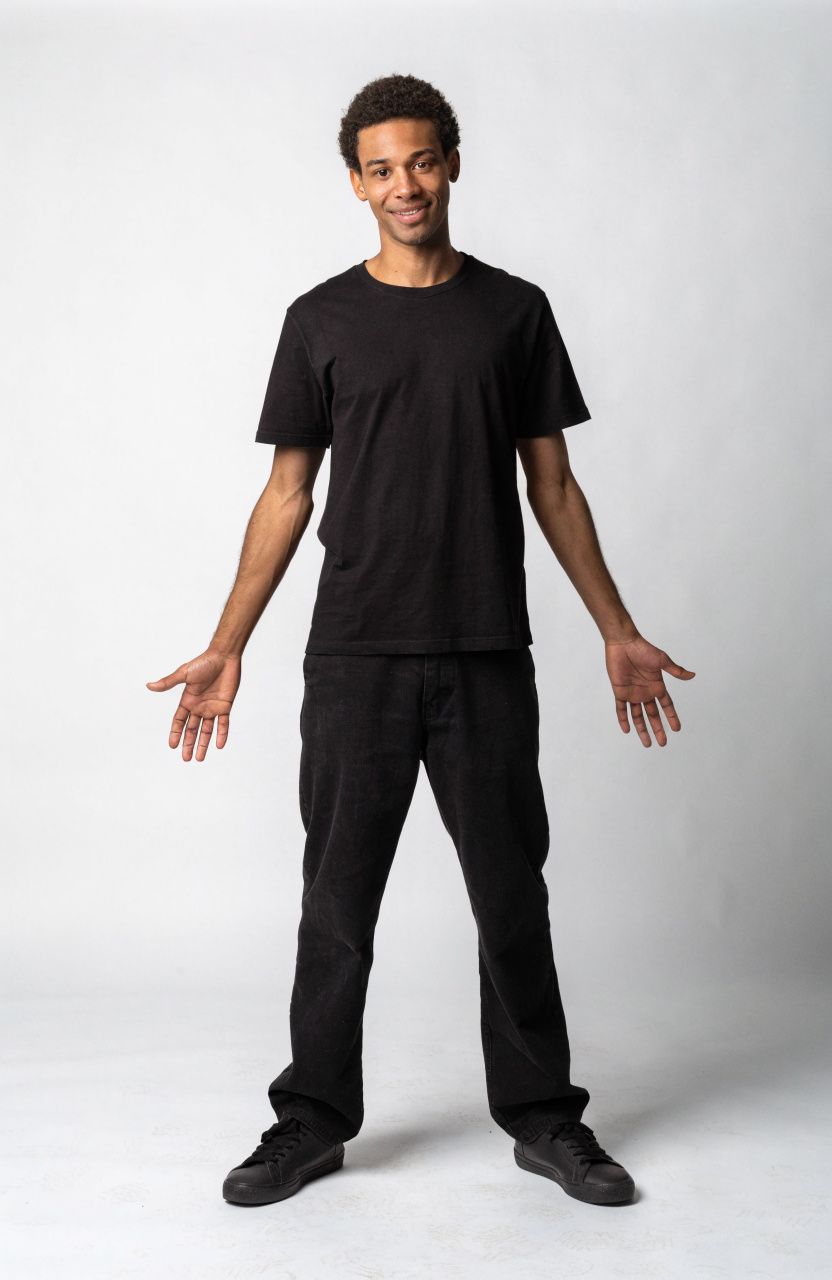 A man facing the camera in a relaxed, open standing pose with his arms loose at his sides