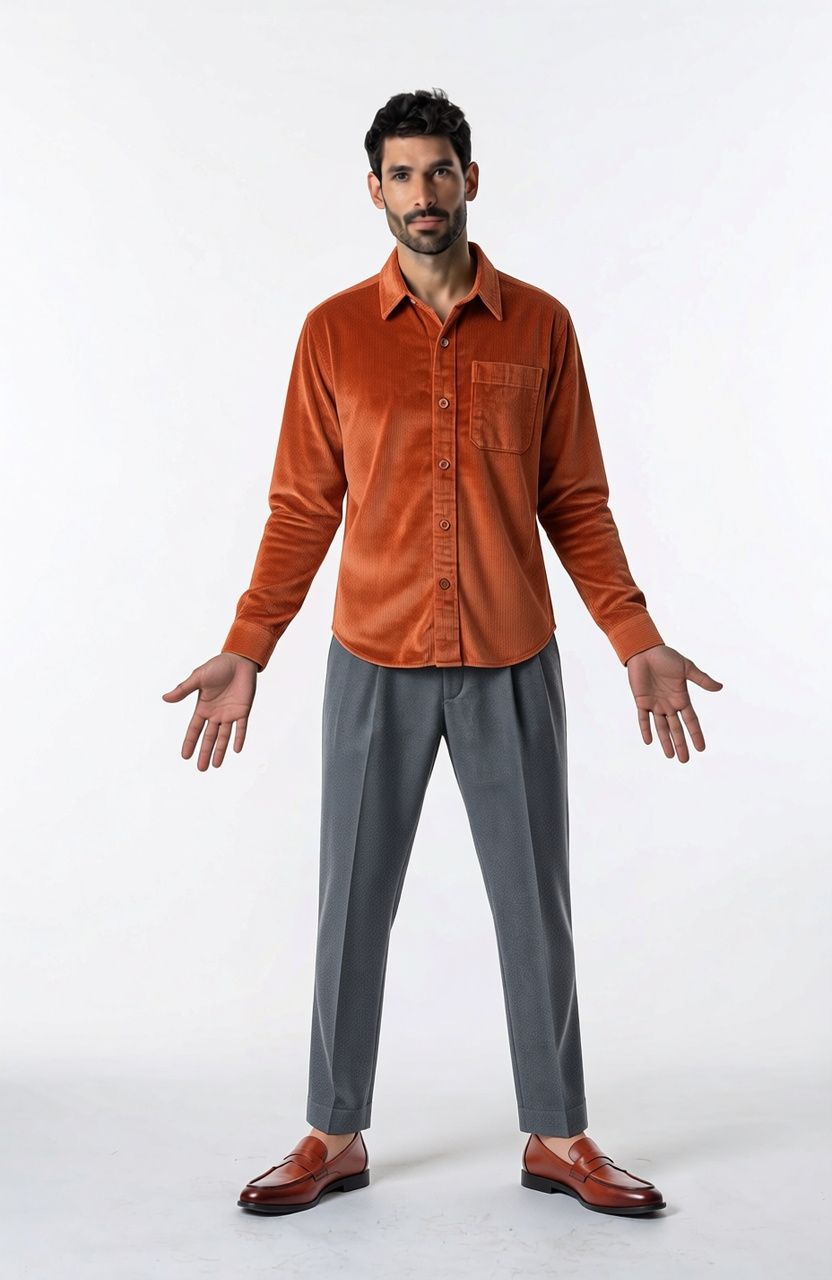 The original man, in the overshirt and trousers, now standing in the relaxed open pose