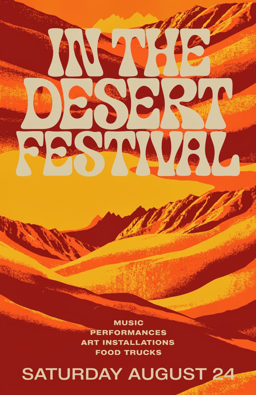 A music festival poster in warm sunset tones of orange and deep red