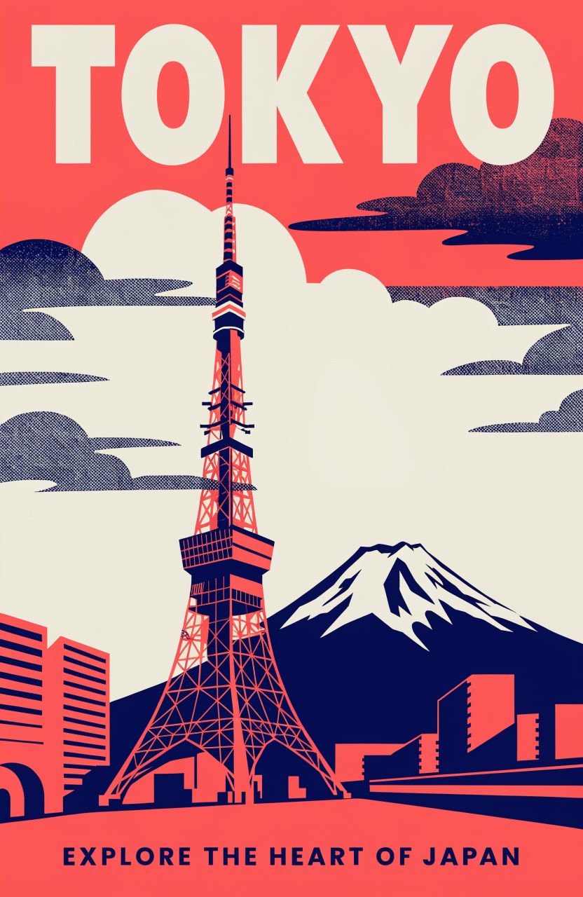 A retro-style travel poster for Tokyo with bold typography and a stylized cityscape