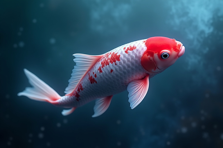 A red and white koi fish in dark blue water