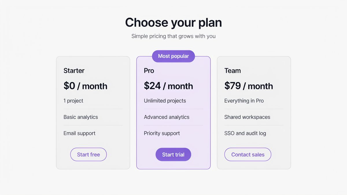 A pricing section under the heading Choose your plan, with three cards, Starter at $0 / month, Pro at $24 / month with a violet border and a Most popular badge, and Team at $79 / month, each with three features and a button