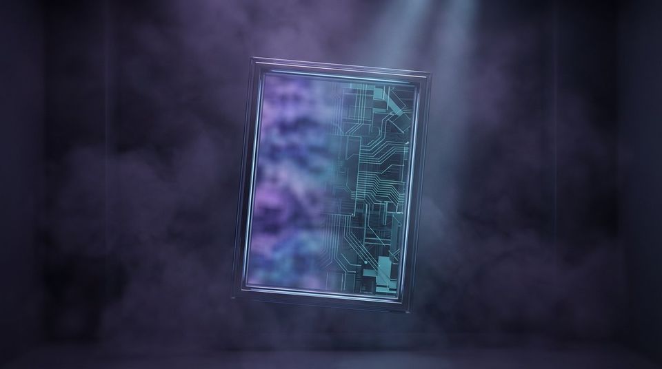 Floating luminous rectangular portal in a dark violet void chamber, image inside transitioning from blurred to sharp detail