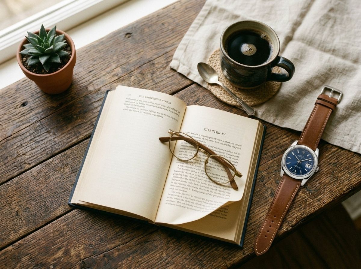 The wristwatch resting on the wooden table beside the open book and coffee in matching morning light