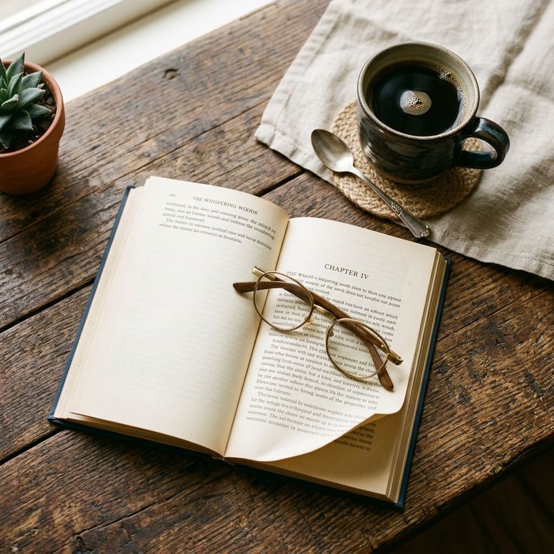 An overhead view of a wooden cafe table with an open book, coffee, and reading glasses