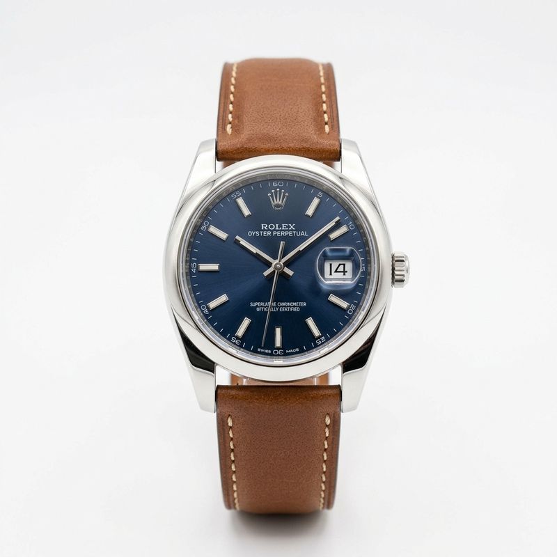 A luxury wristwatch with a navy dial and brown leather strap on a white background