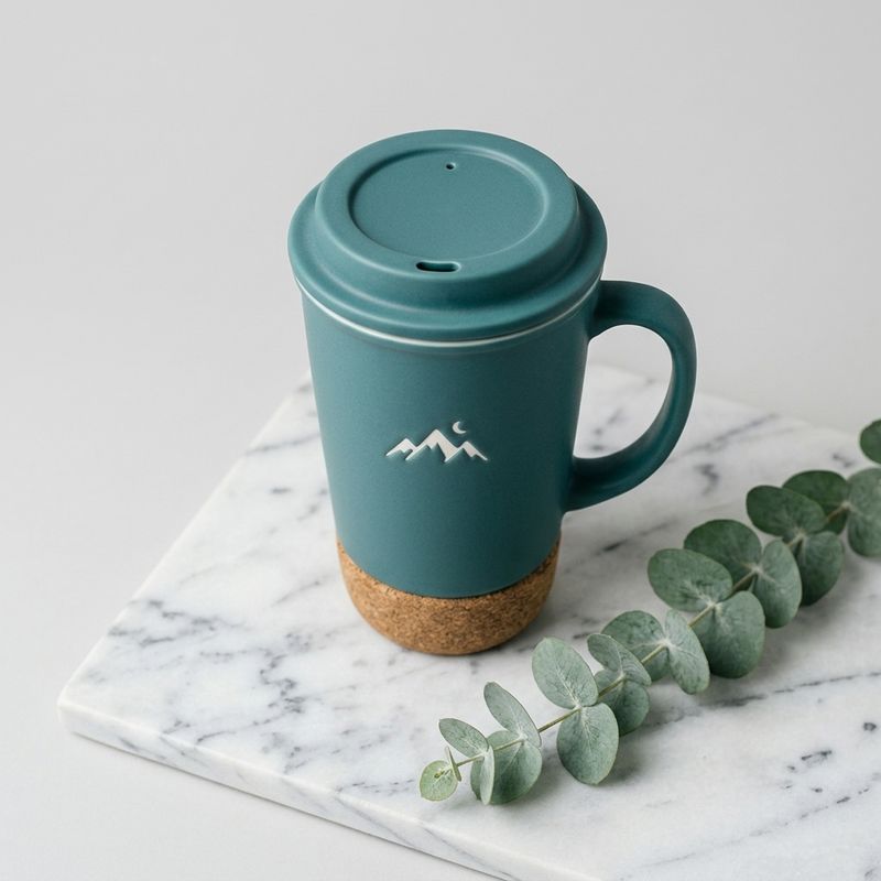 The same teal mug shot from a high angle on white marble with a sprig of eucalyptus