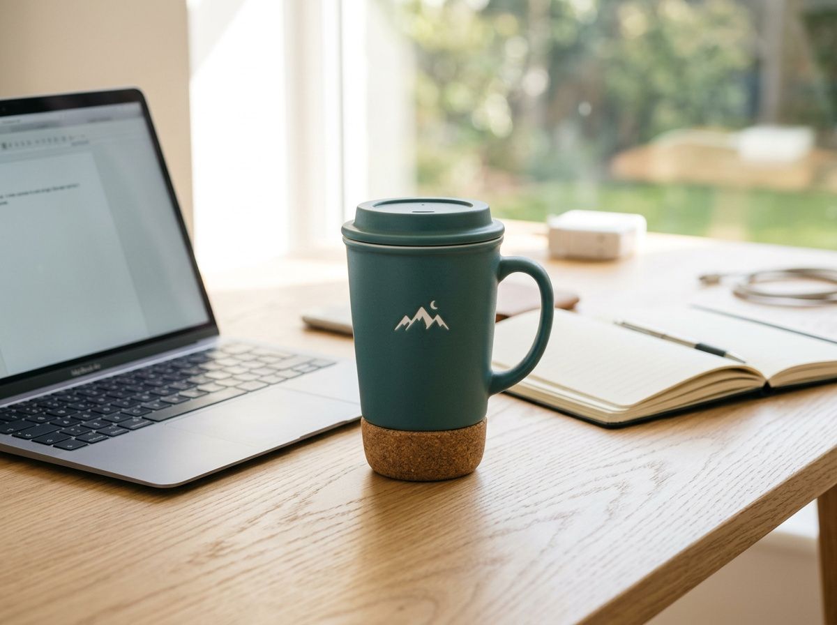 The same teal mug on a wooden desk beside a laptop and a notebook in morning light