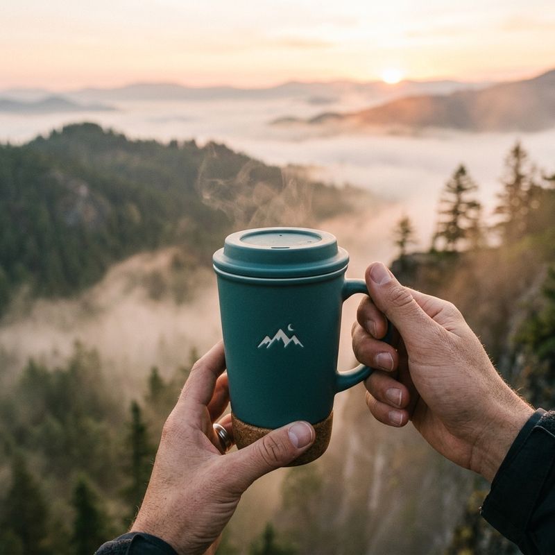 The same teal mug held in two hands at a misty mountain overlook at sunrise, steam rising
