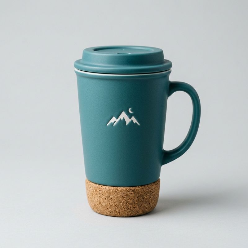 A teal ceramic travel mug with a cork base and an embossed white mountain logo on a light-gray background