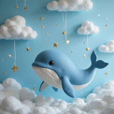 A baby whale floating through a dreamy sky of clouds and paper stars