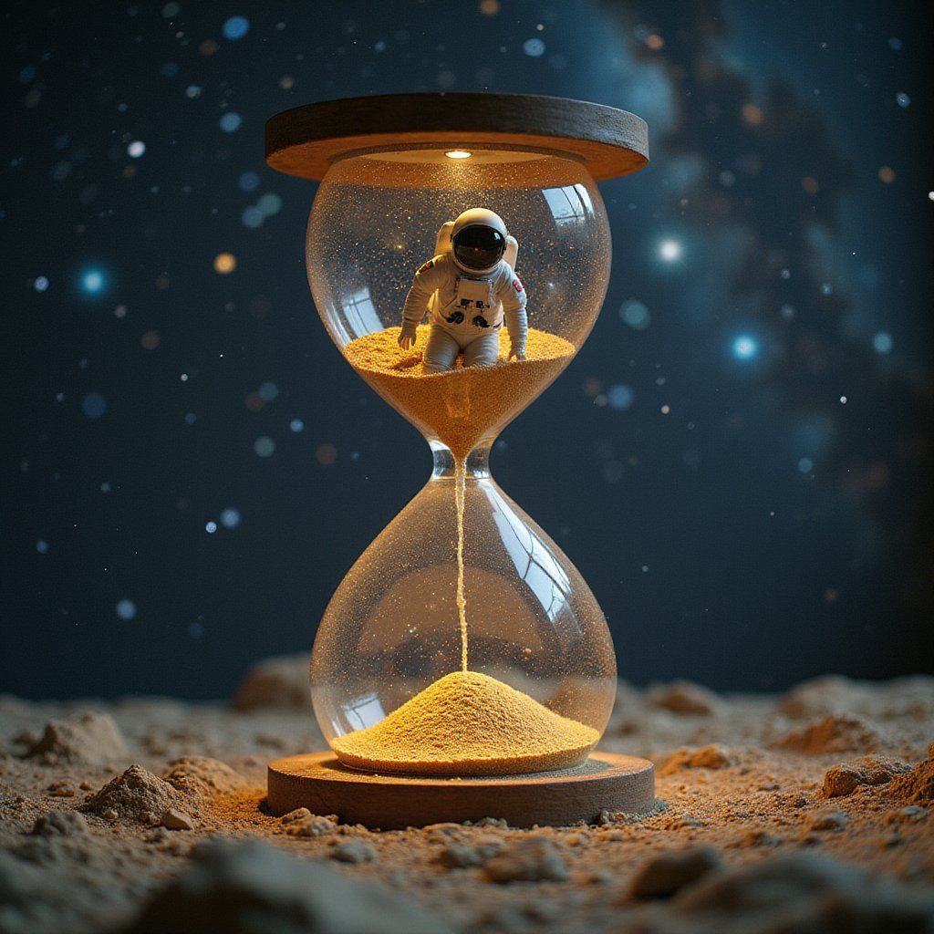 An astronaut floating inside a giant hourglass in space with stars, glowing dust, galaxies, and golden sand, dreamy cinematic atmosphere