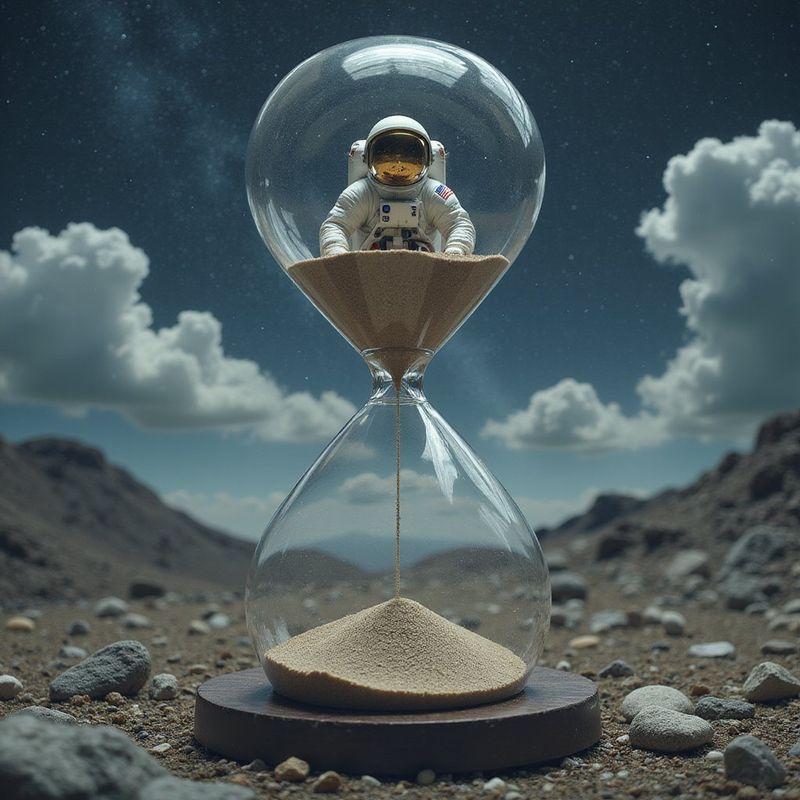 An astronaut floating inside a giant hourglass, simple composition
