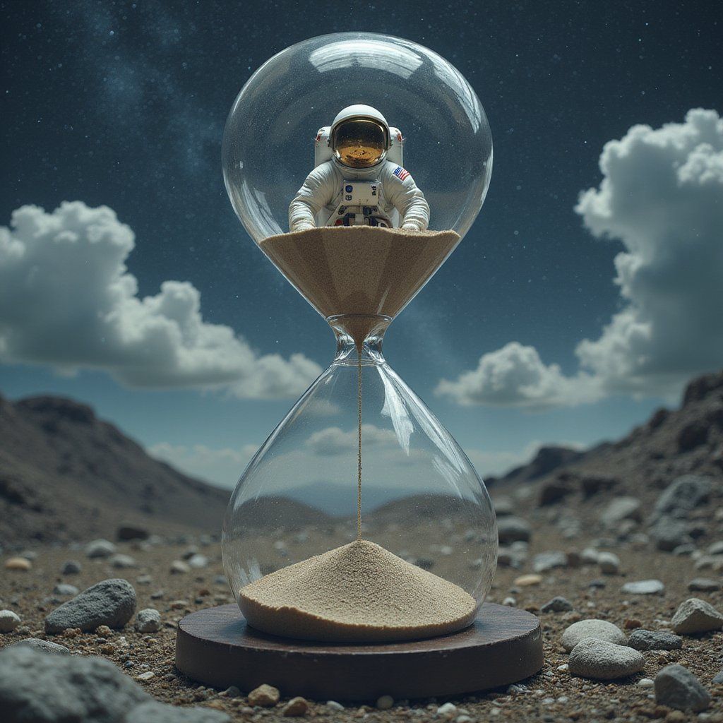 An astronaut floating inside a giant hourglass, simple composition
