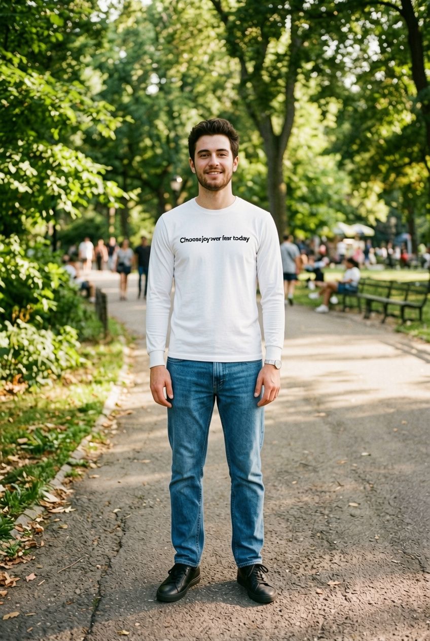 A young man in a sunlit urban summer park wearing a white t-shirt with a five-word slogan rendered as garbled letters across the chest