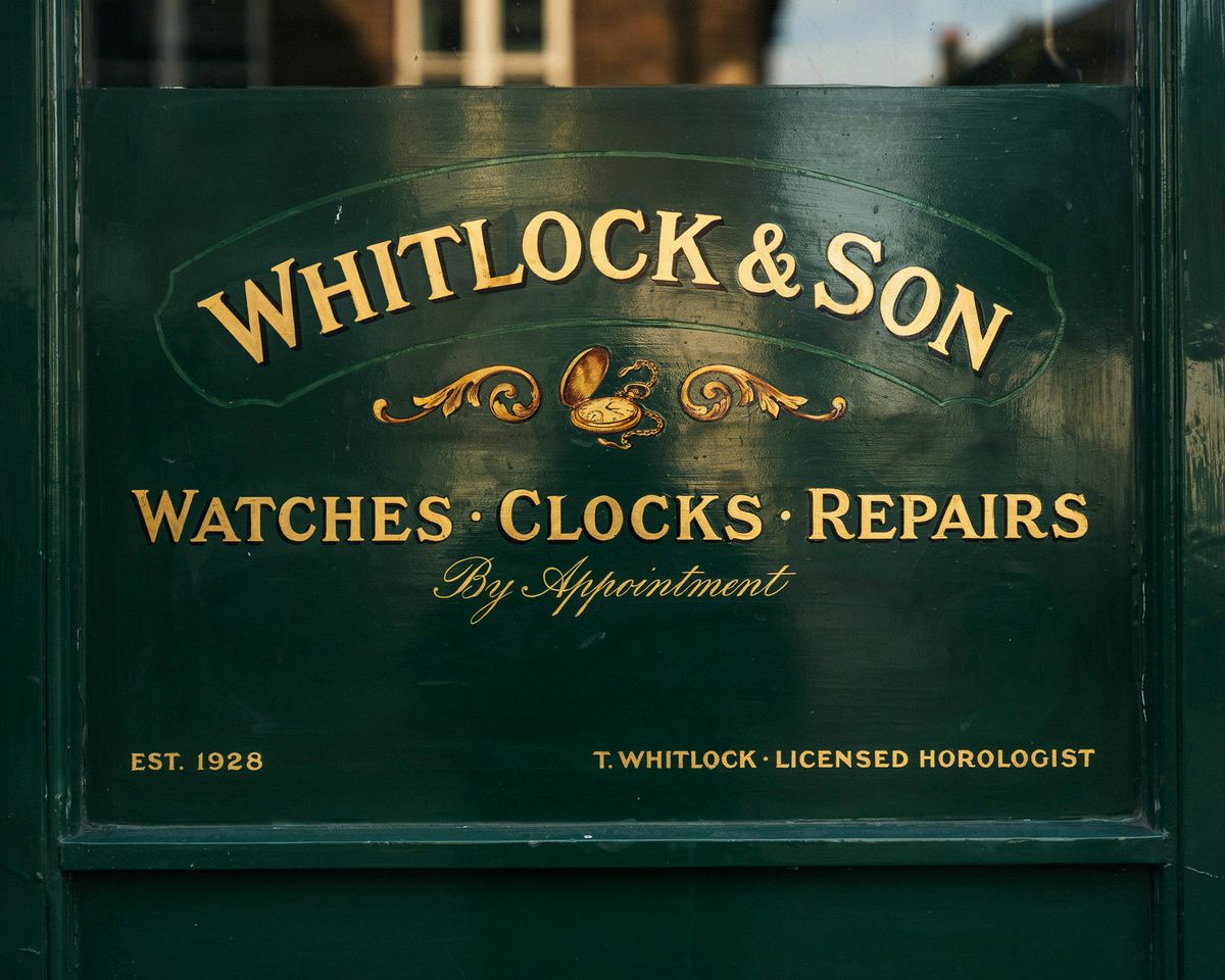 The same watchmaker's shopfront window at DEFAULT quality, with the proprietor line and establishment date crisper