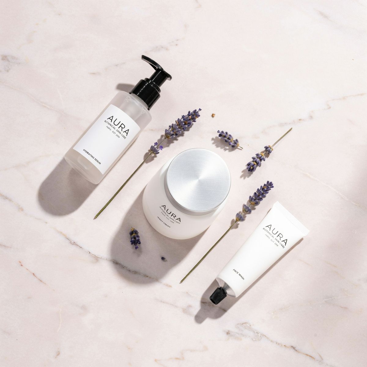 The same skincare flat lay at medium quality