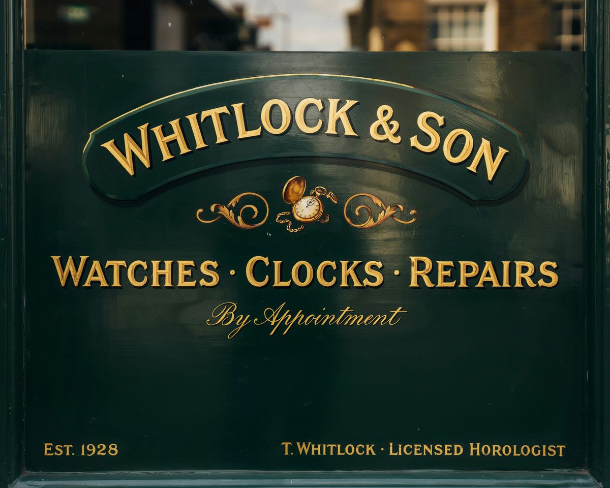 A close-up photograph of a vintage watchmaker's shopfront window with gold-leaf lettering on dark green glass, at TURBO quality, with the proprietor line and establishment date slightly soft