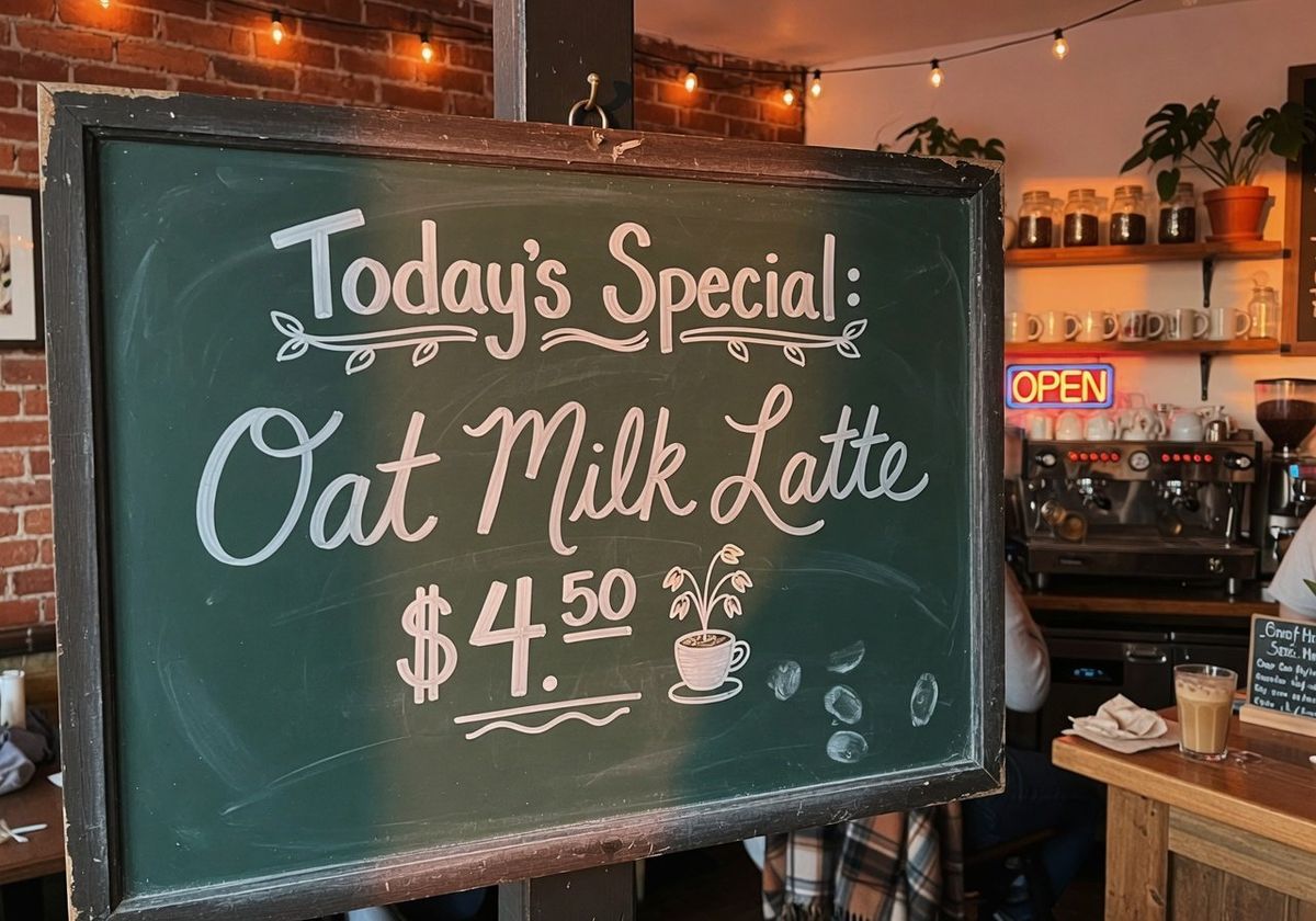 A coffee shop chalkboard sign that reads Today's Special: Oat Milk Latte $4.50
