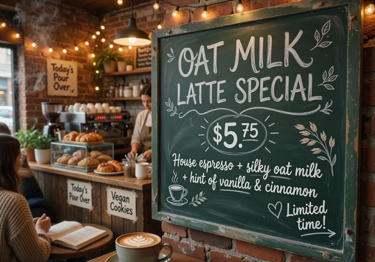 A coffee shop chalkboard sign advertising an oat milk latte special with garbled text