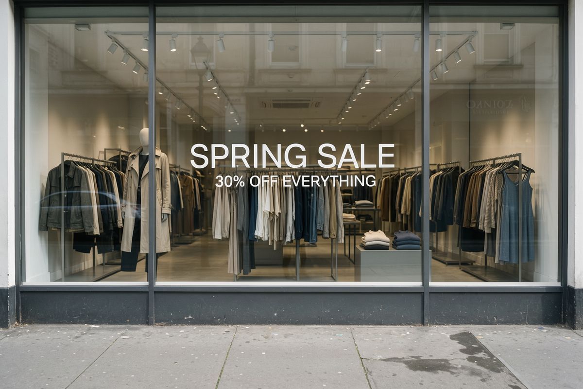 A clothing store window reading SPRING SALE in large white capitals with 30% OFF EVERYTHING beneath it