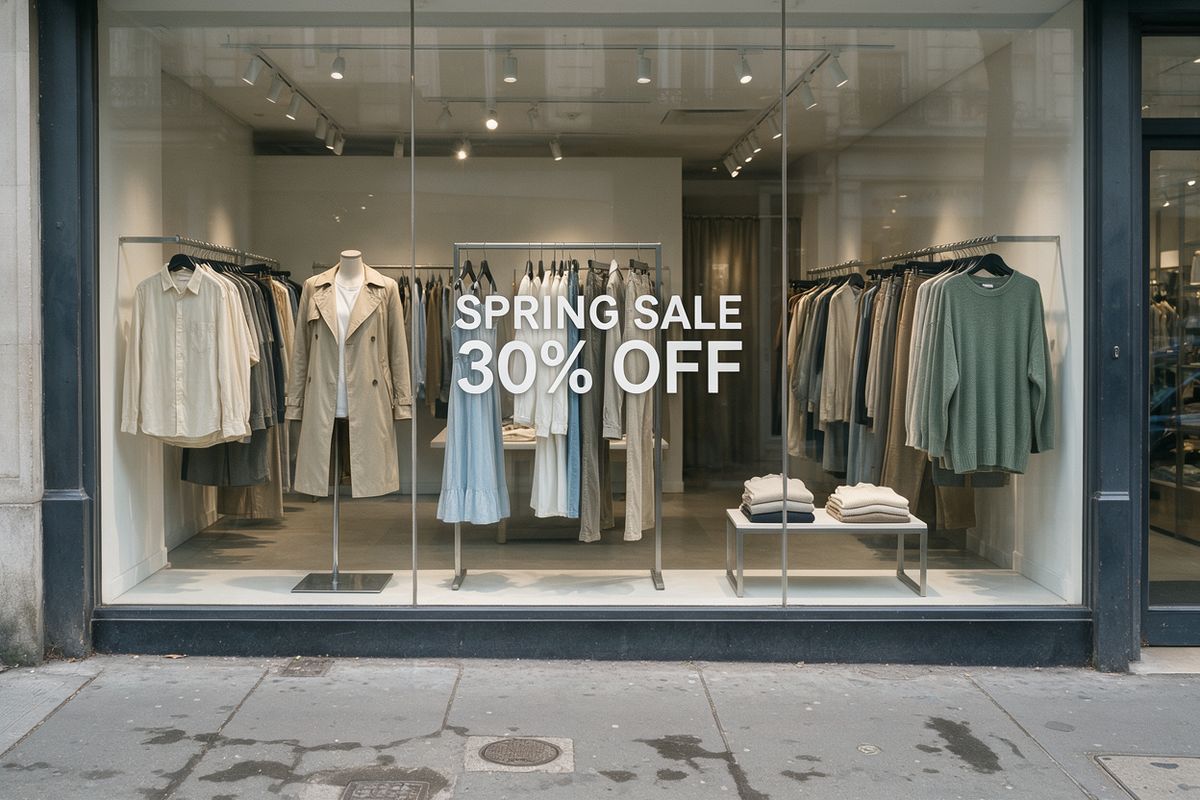 A clothing store window with SPRING SALE and 30% OFF applied to the glass in white capitals
