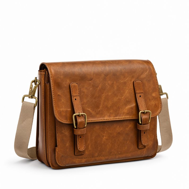 A tan leather messenger bag with two brass buckles and a canvas strap on white